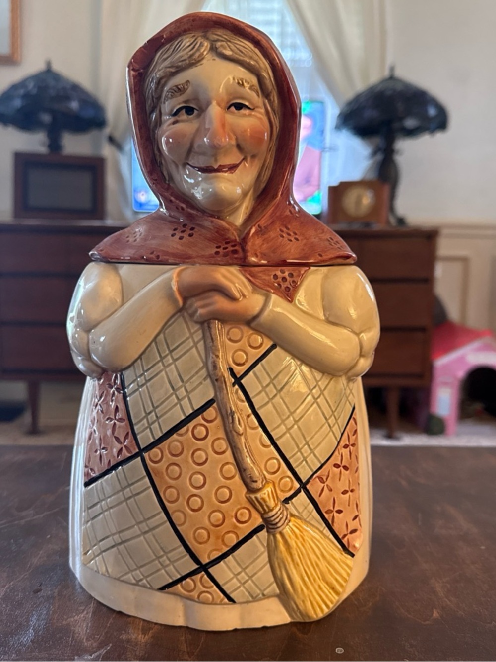 Handmade Ceramic Granny Figurine Cookie Jar in Cream and Rust witch crone via